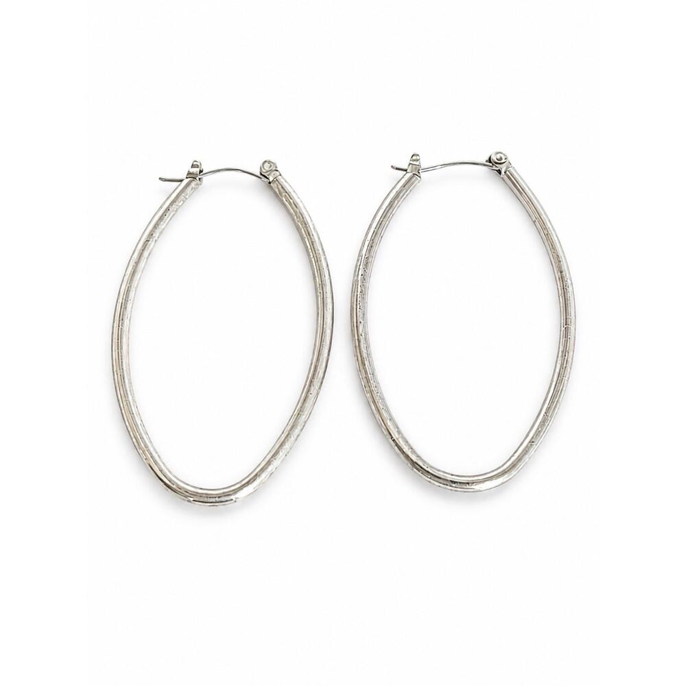 Vintage Silver Plated Oblong Oval Hoop Earrings Large 2.25” Minimalist Statement
